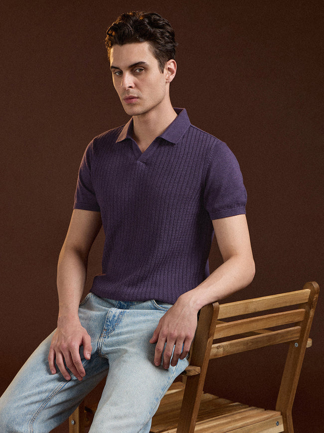 Men Purple Ribbed Texture Design Slim Fit Polo