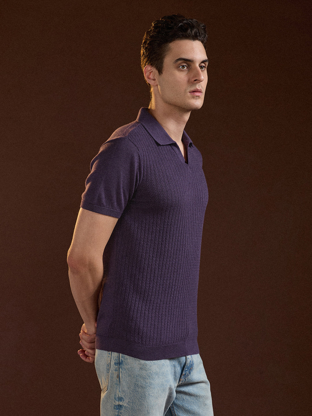 Men Purple Ribbed Texture Design Slim Fit Polo