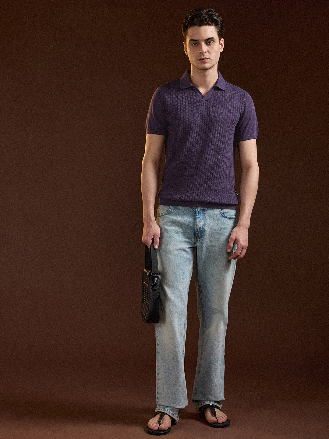 Men Purple Ribbed Texture Design Slim Fit Polo