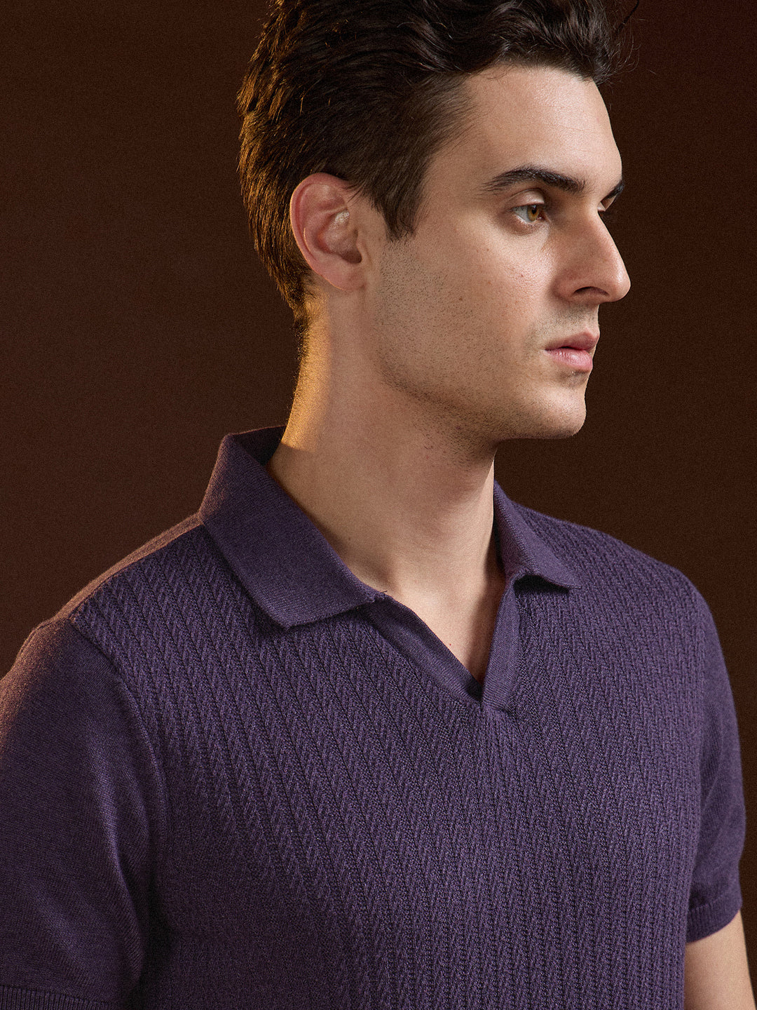 Men Purple Ribbed Texture Design Slim Fit Polo