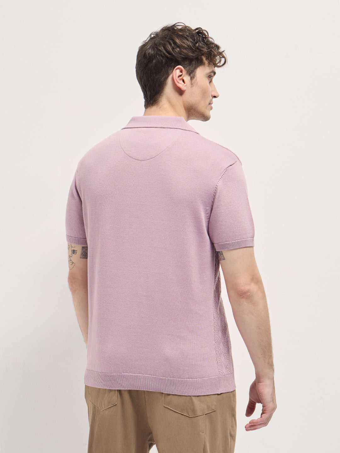 Men Pink Geometric textured Knit Slim Fit Polo