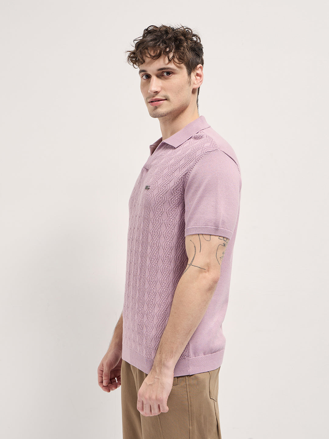Men Pink Geometric textured Knit Slim Fit Polo