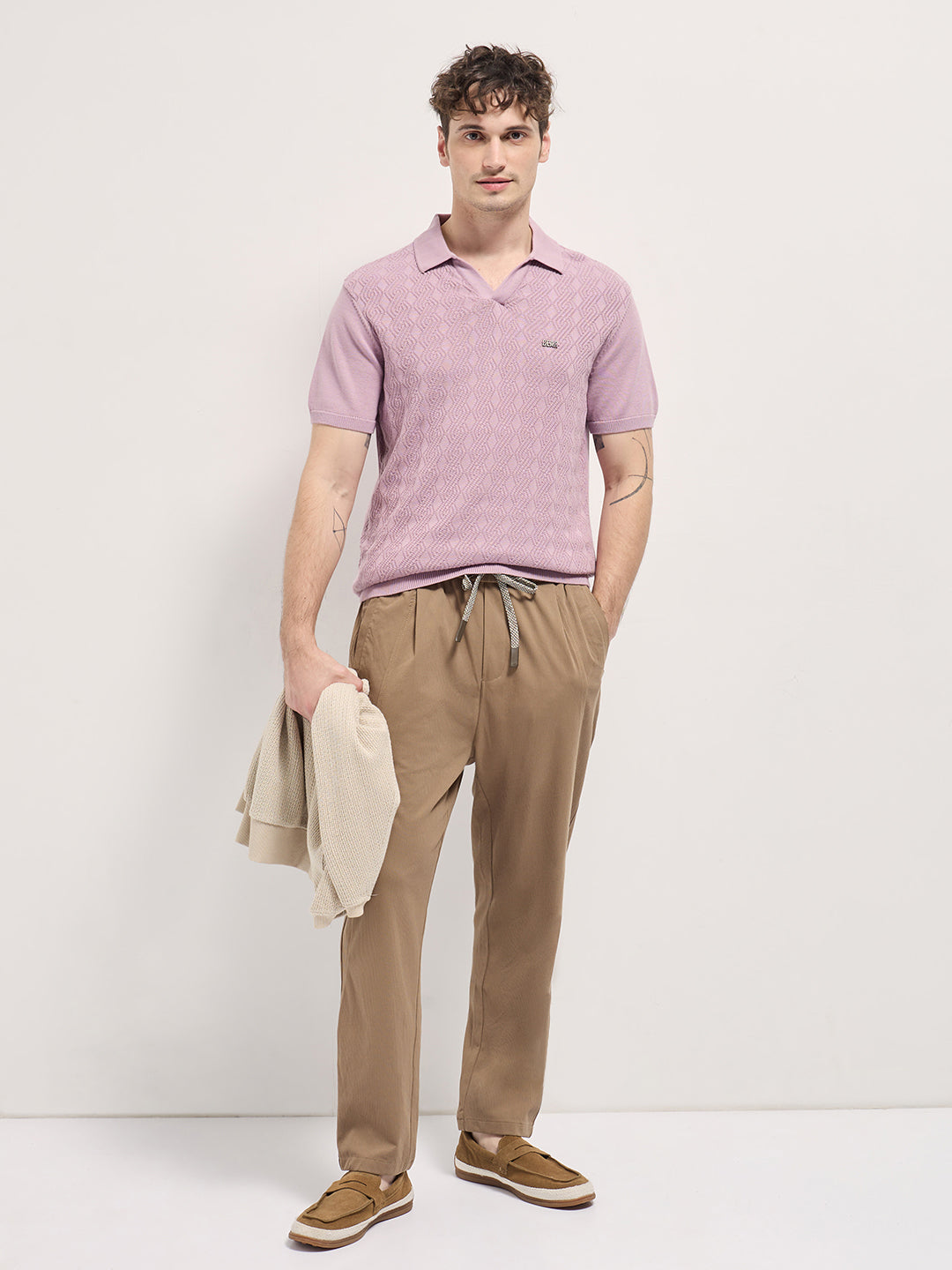 Men Pink Geometric textured Knit Slim Fit Polo