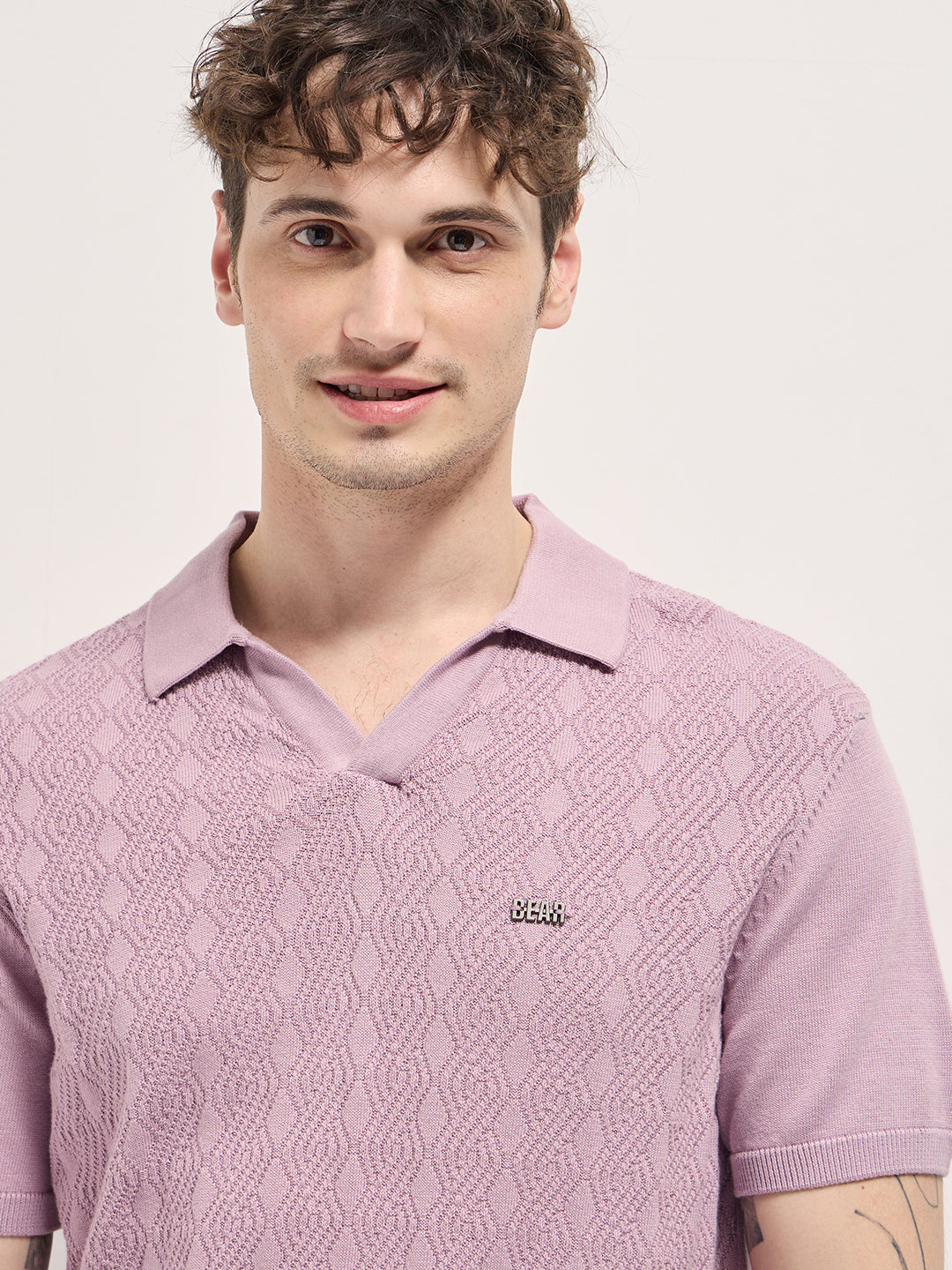 Men Pink Geometric textured Knit Slim Fit Polo