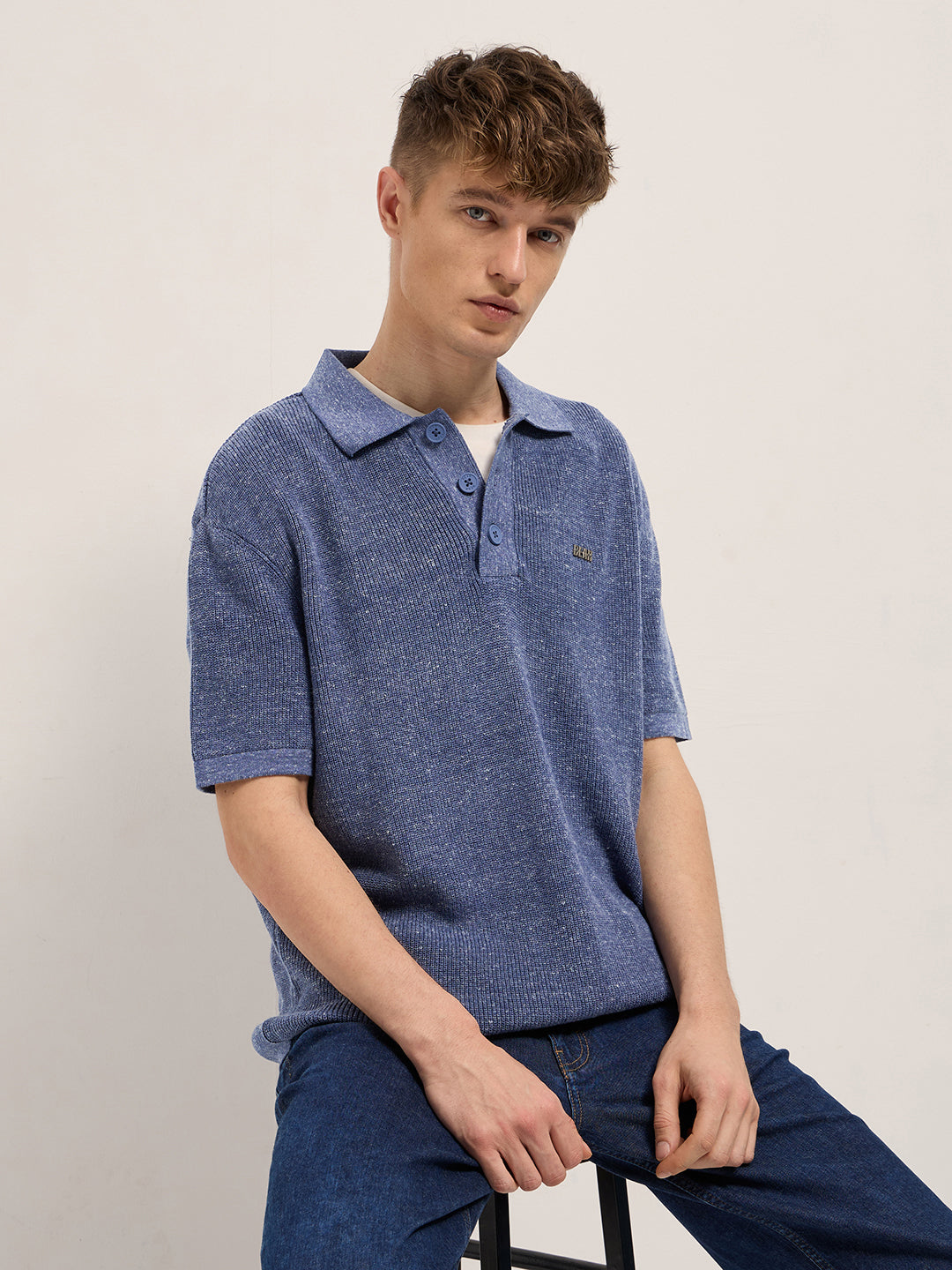 Men Blue Textured Knit Relaxed Fit Polo