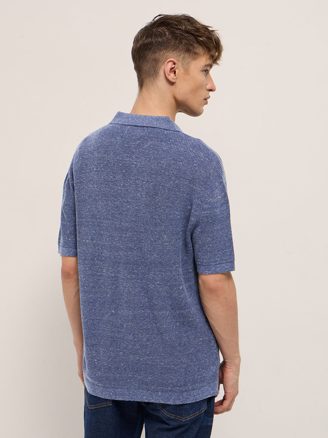 Men Blue Textured Knit Relaxed Fit Polo