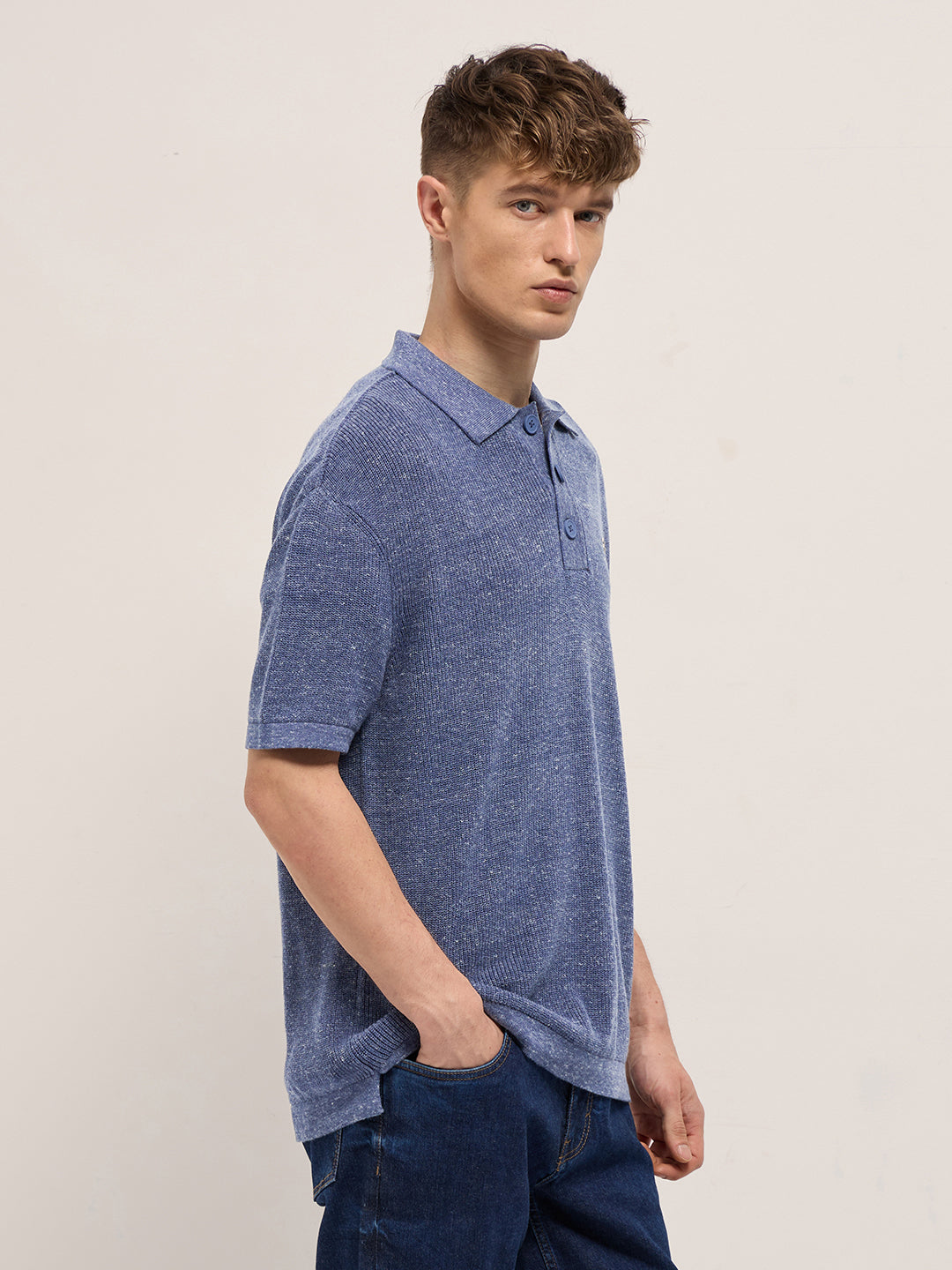 Men Blue Textured Knit Relaxed Fit Polo