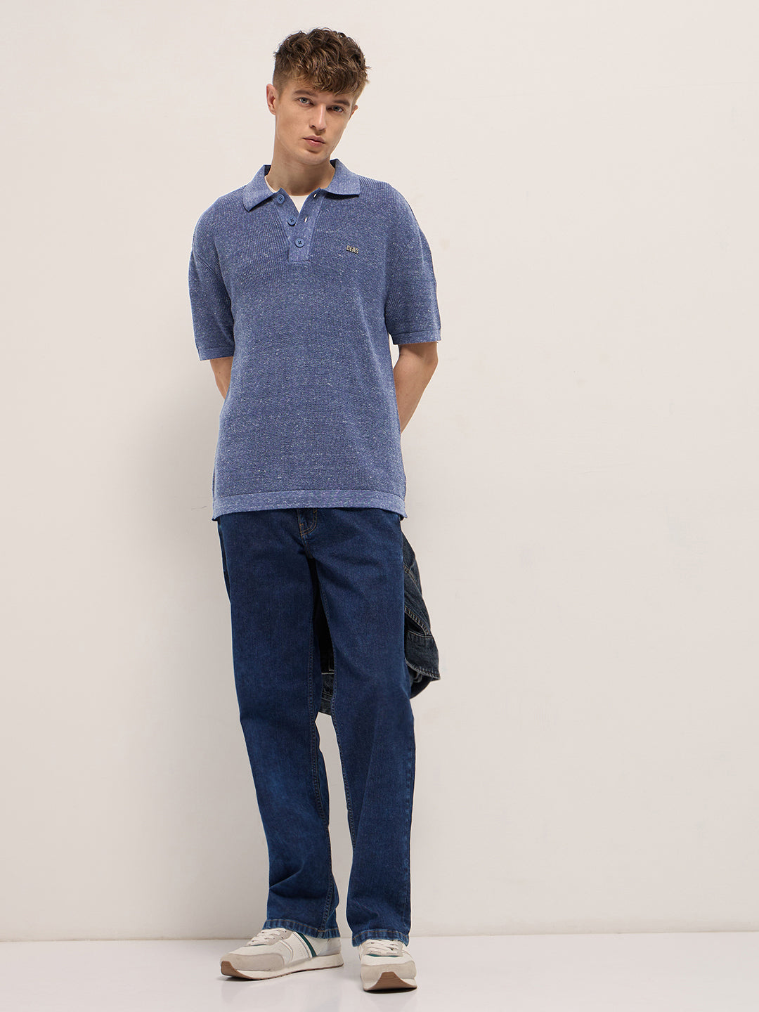 Men Blue Textured Knit Relaxed Fit Polo