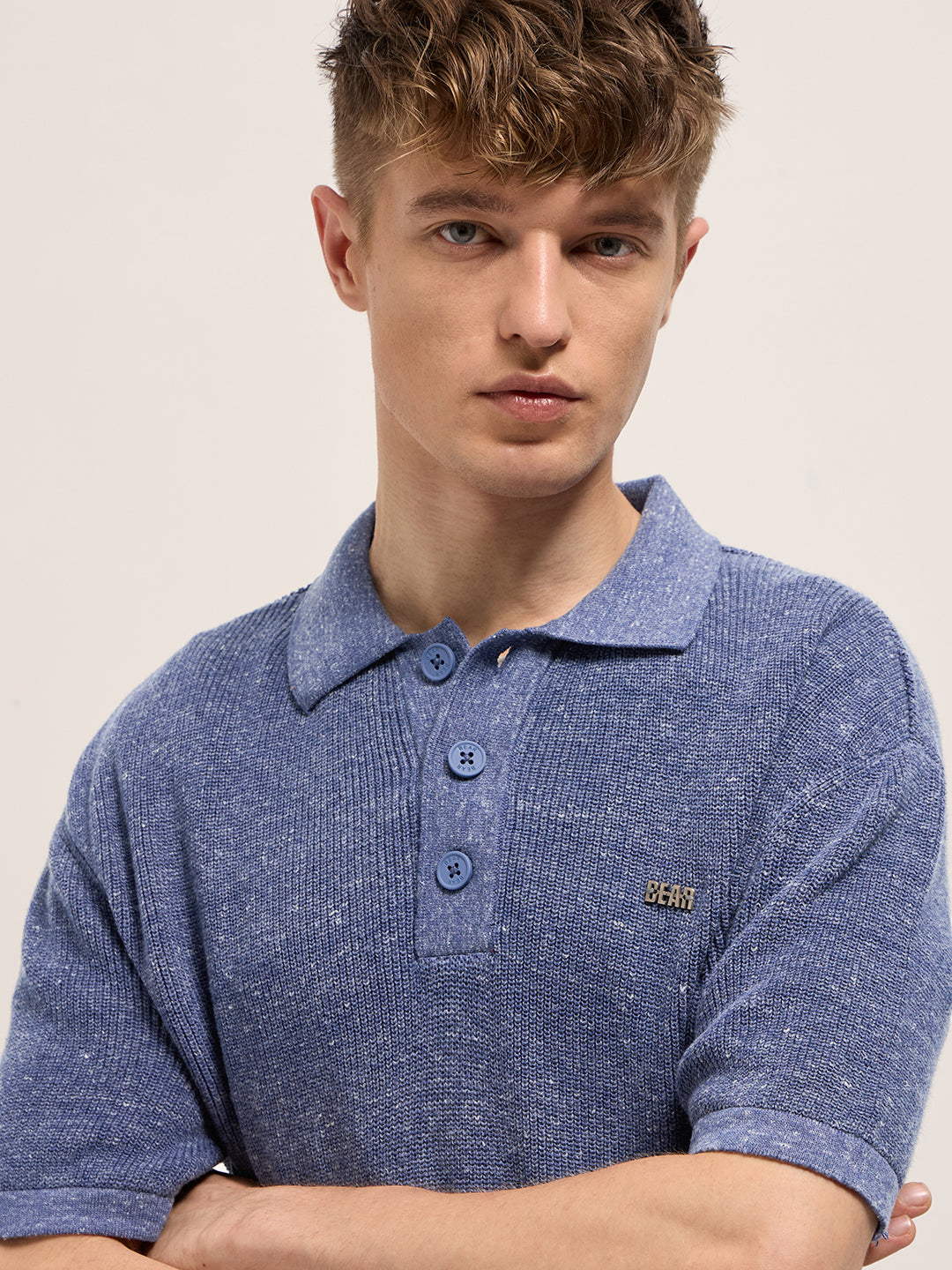 Men Blue Textured Knit Relaxed Fit Polo