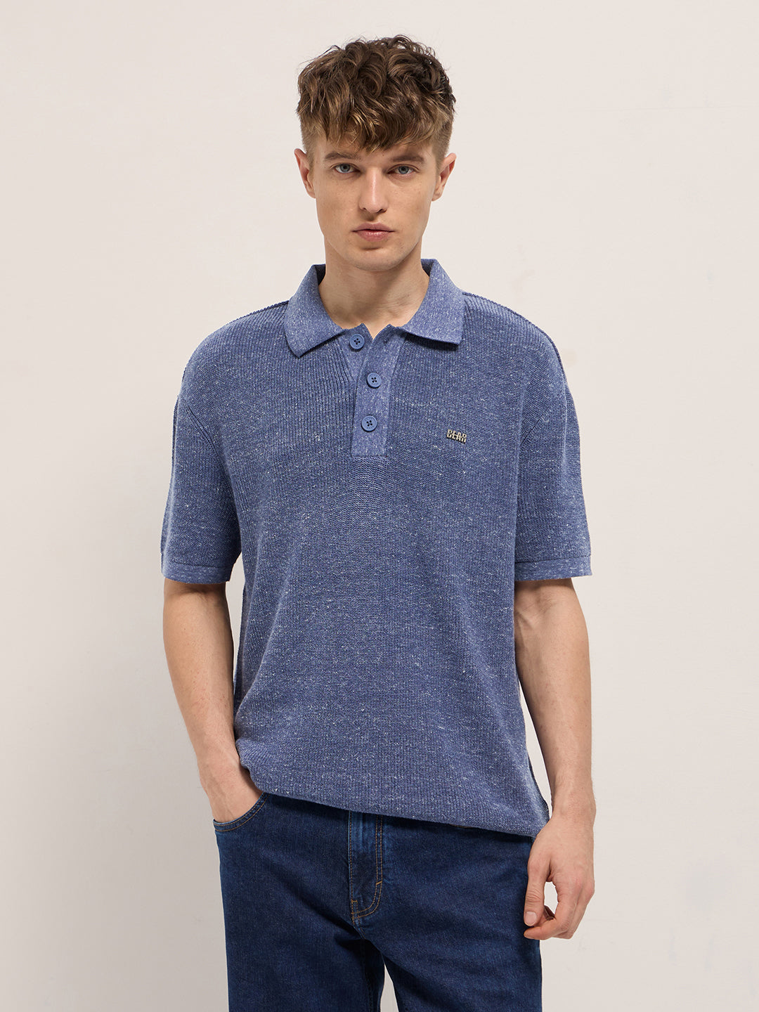 Men Blue Textured Knit Relaxed Fit Polo