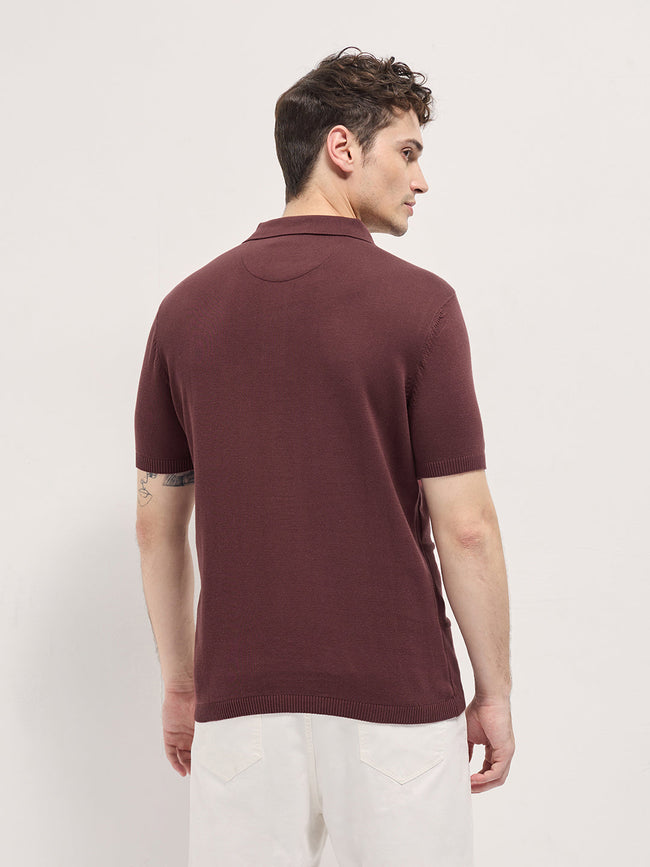 Men Maroon Textured Checkered Design Slim Fit Polo