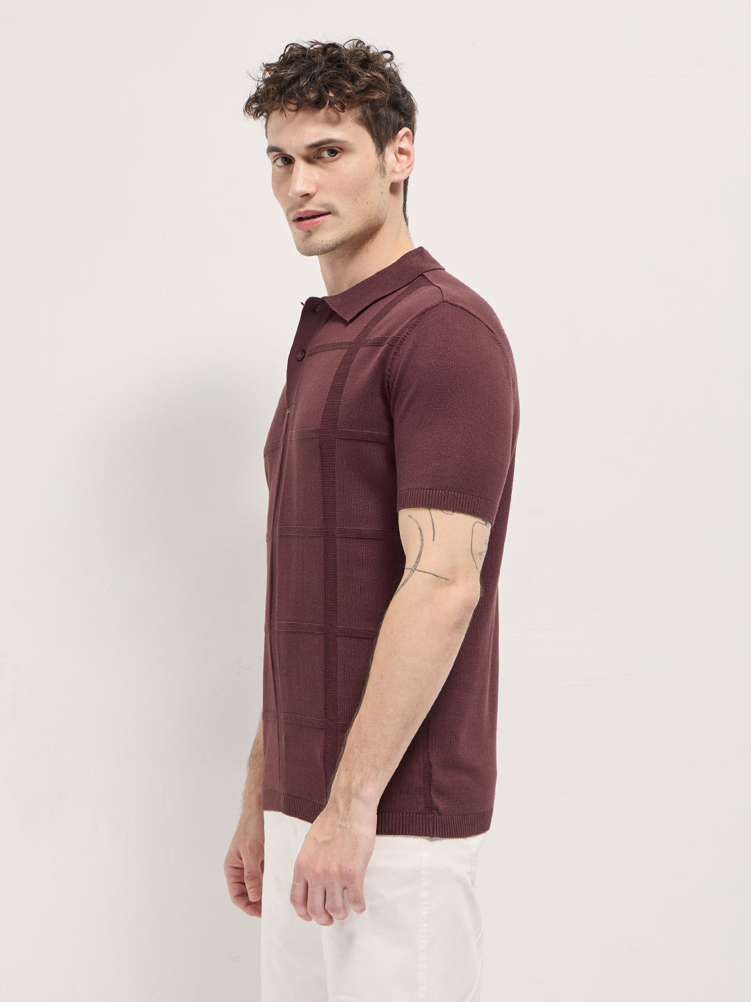 Men Maroon Textured Checkered Design Slim Fit Polo