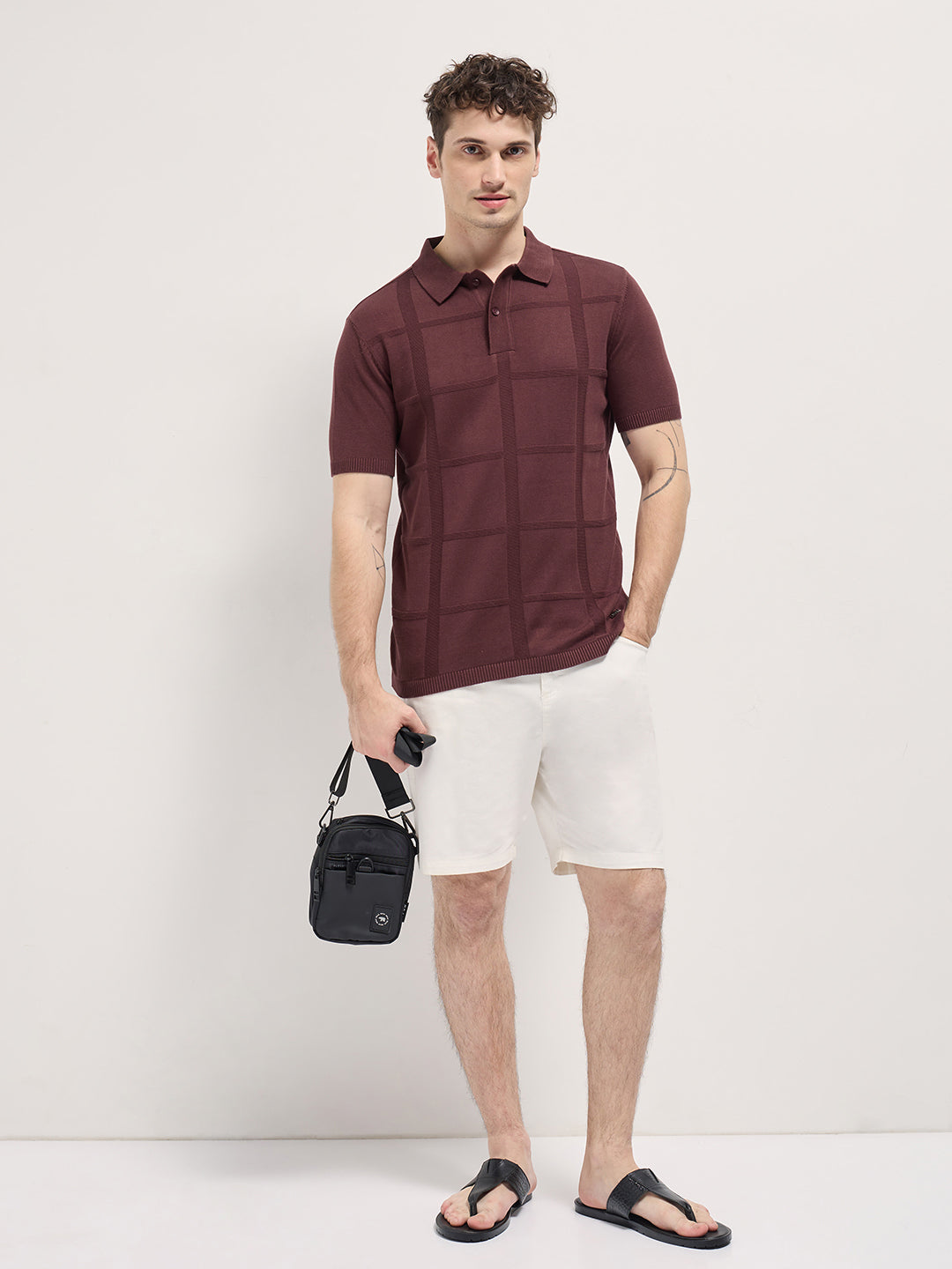 Men Maroon Textured Checkered Design Slim Fit Polo