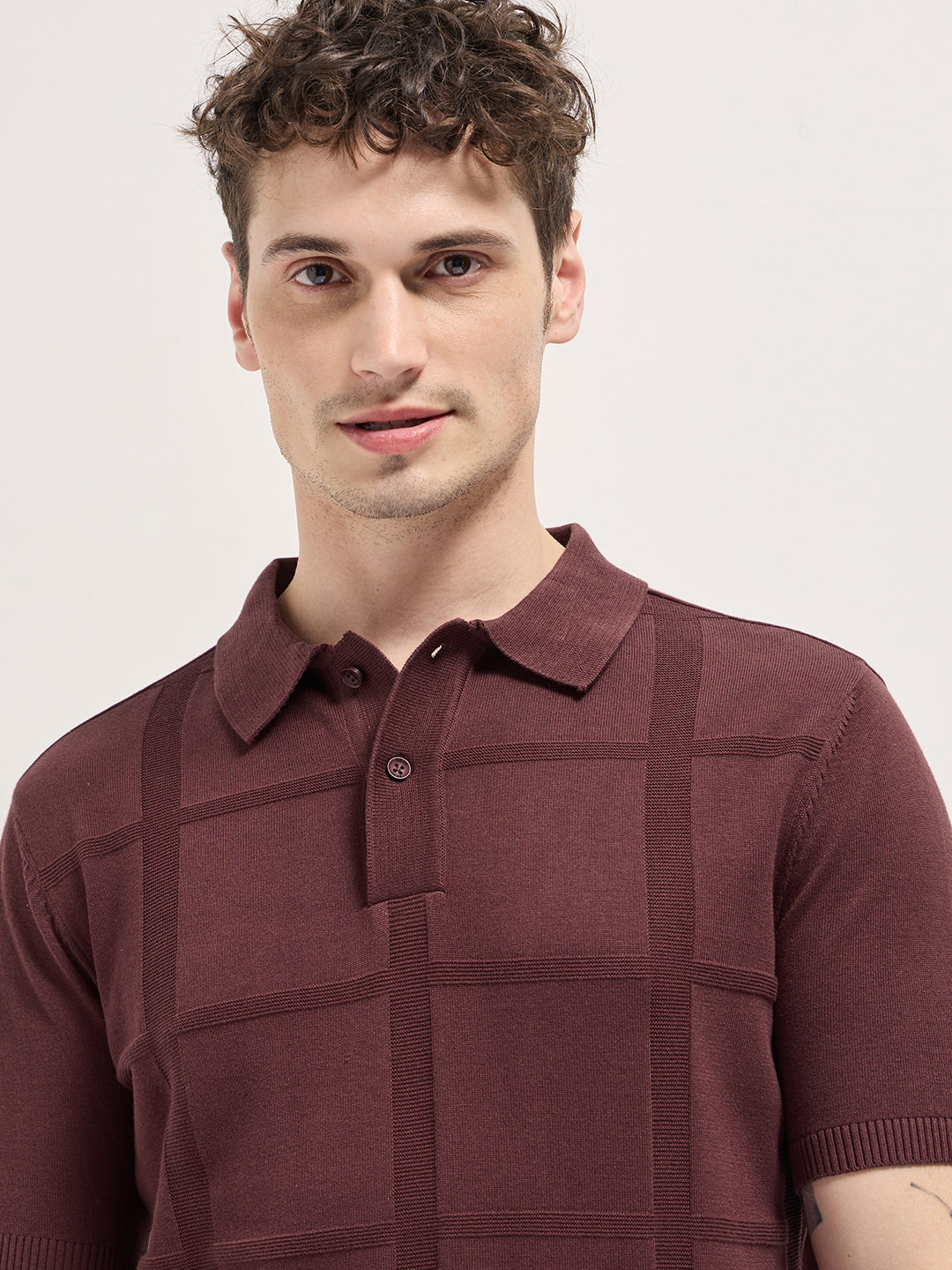 Men Maroon Textured Checkered Design Slim Fit Polo