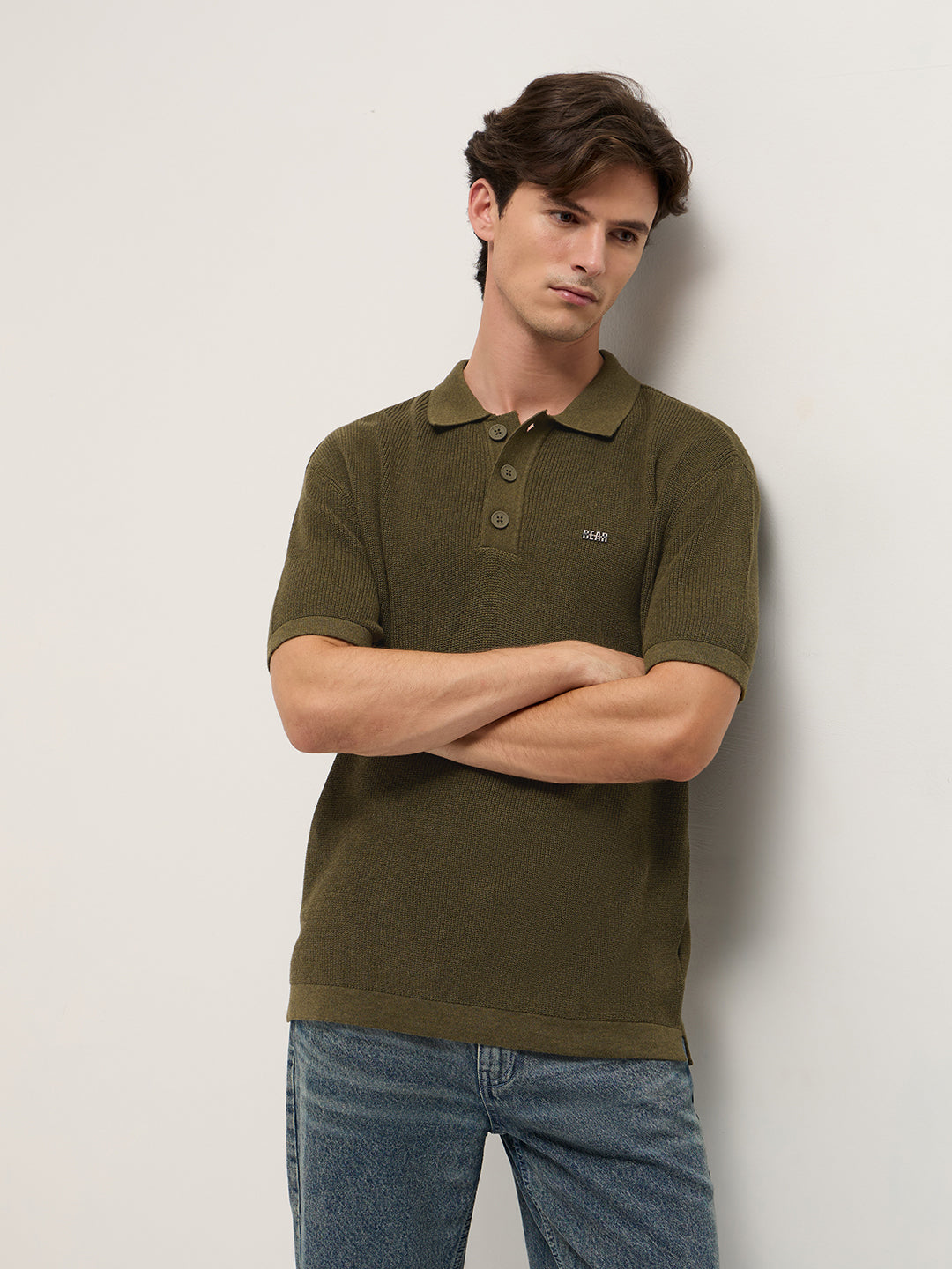 Men Olive Textured Knit Relaxed Fit Polo