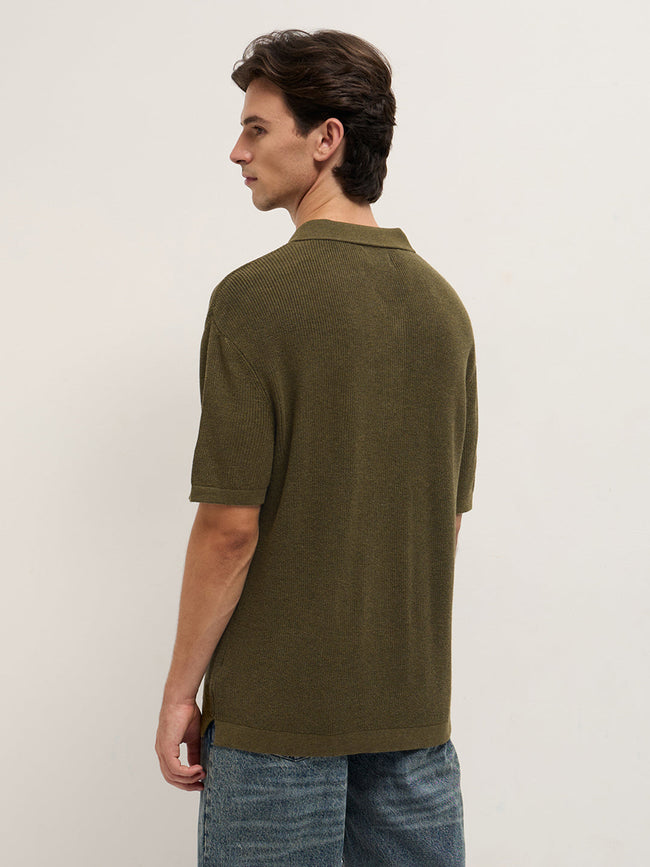 Men Olive Textured Knit Relaxed Fit Polo