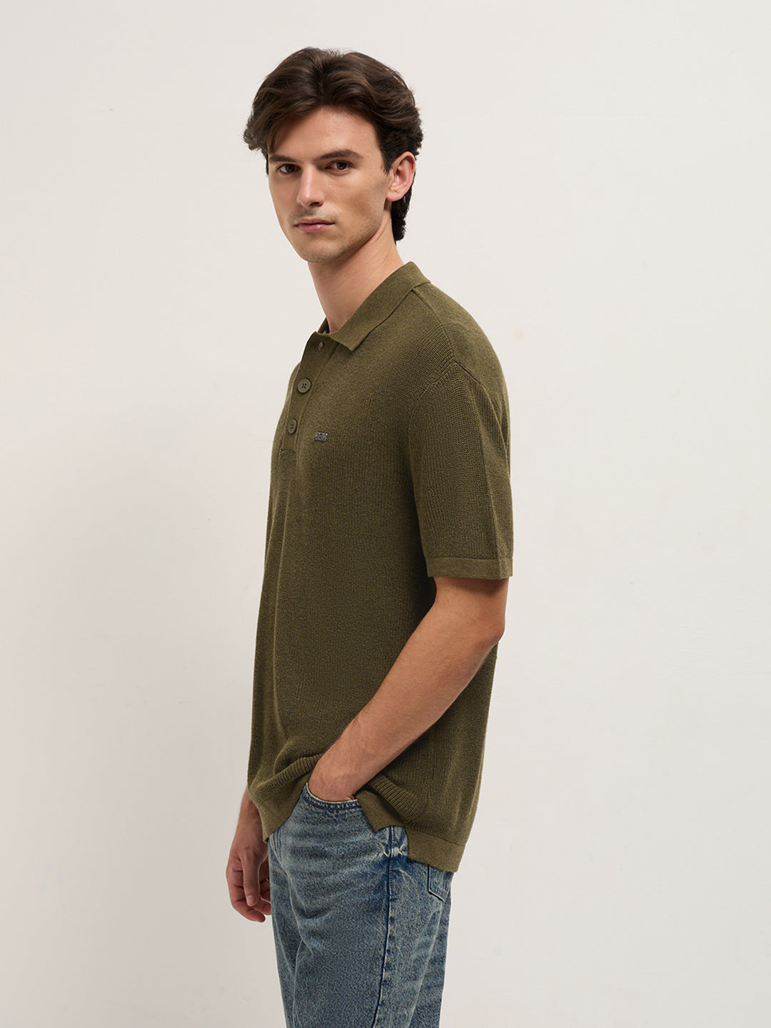 Men Olive Textured Knit Relaxed Fit Polo