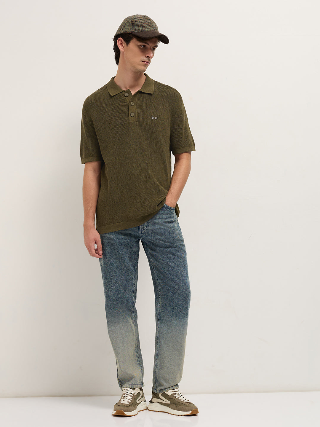 Men Olive Textured Knit Relaxed Fit Polo