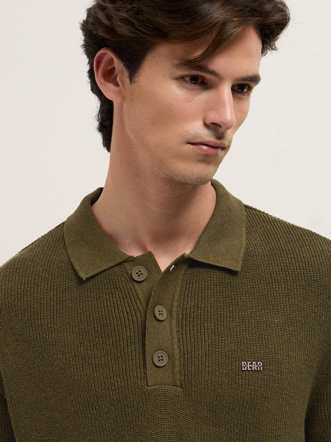 Men Olive Textured Knit Relaxed Fit Polo
