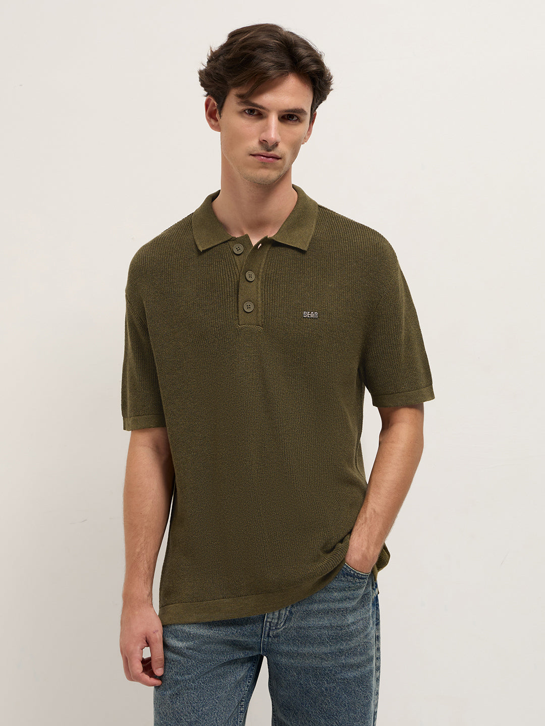 Men Olive Textured Knit Relaxed Fit Polo