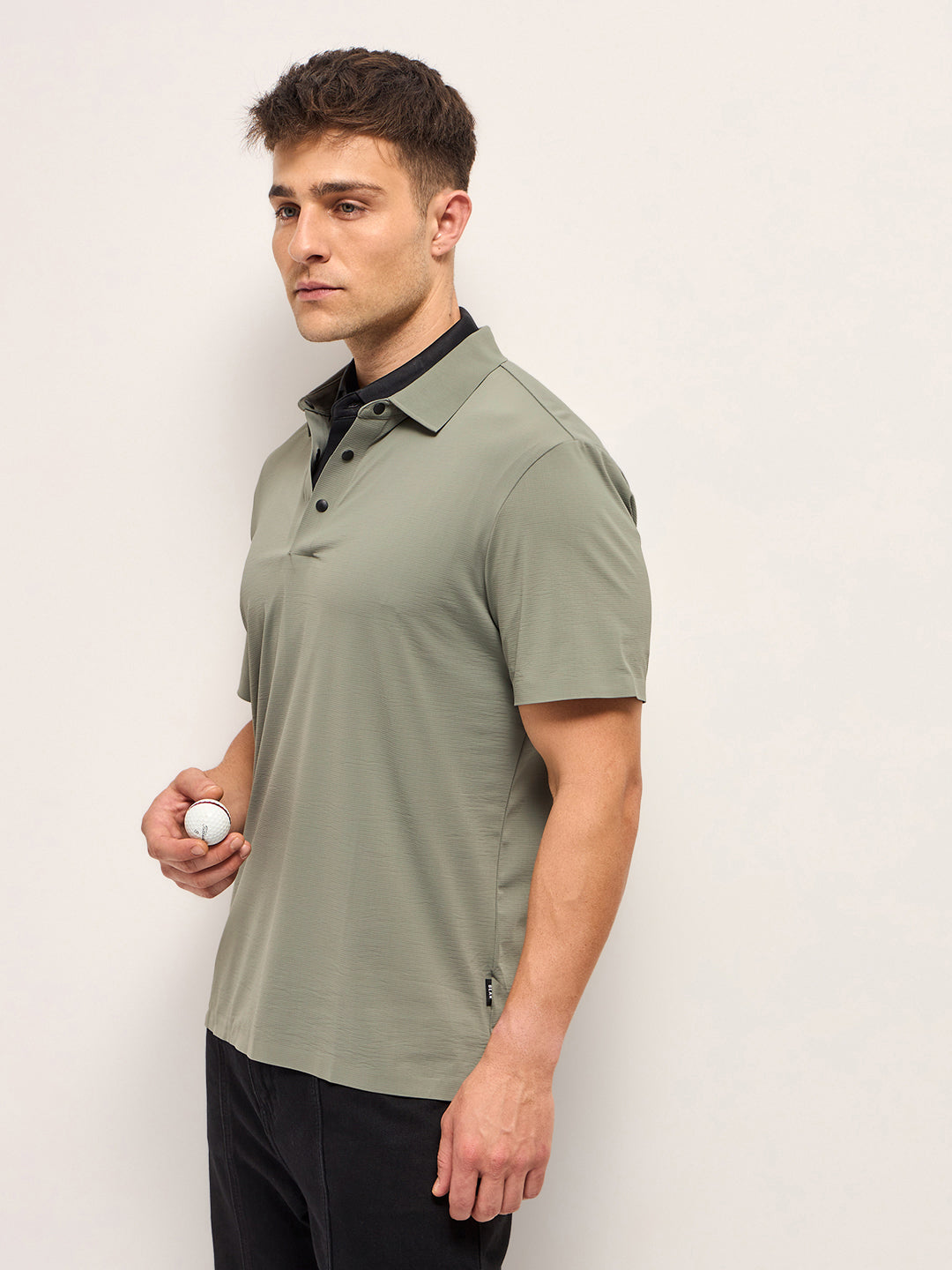 Men Military Green Texture Slim Fit Polo T-shirt