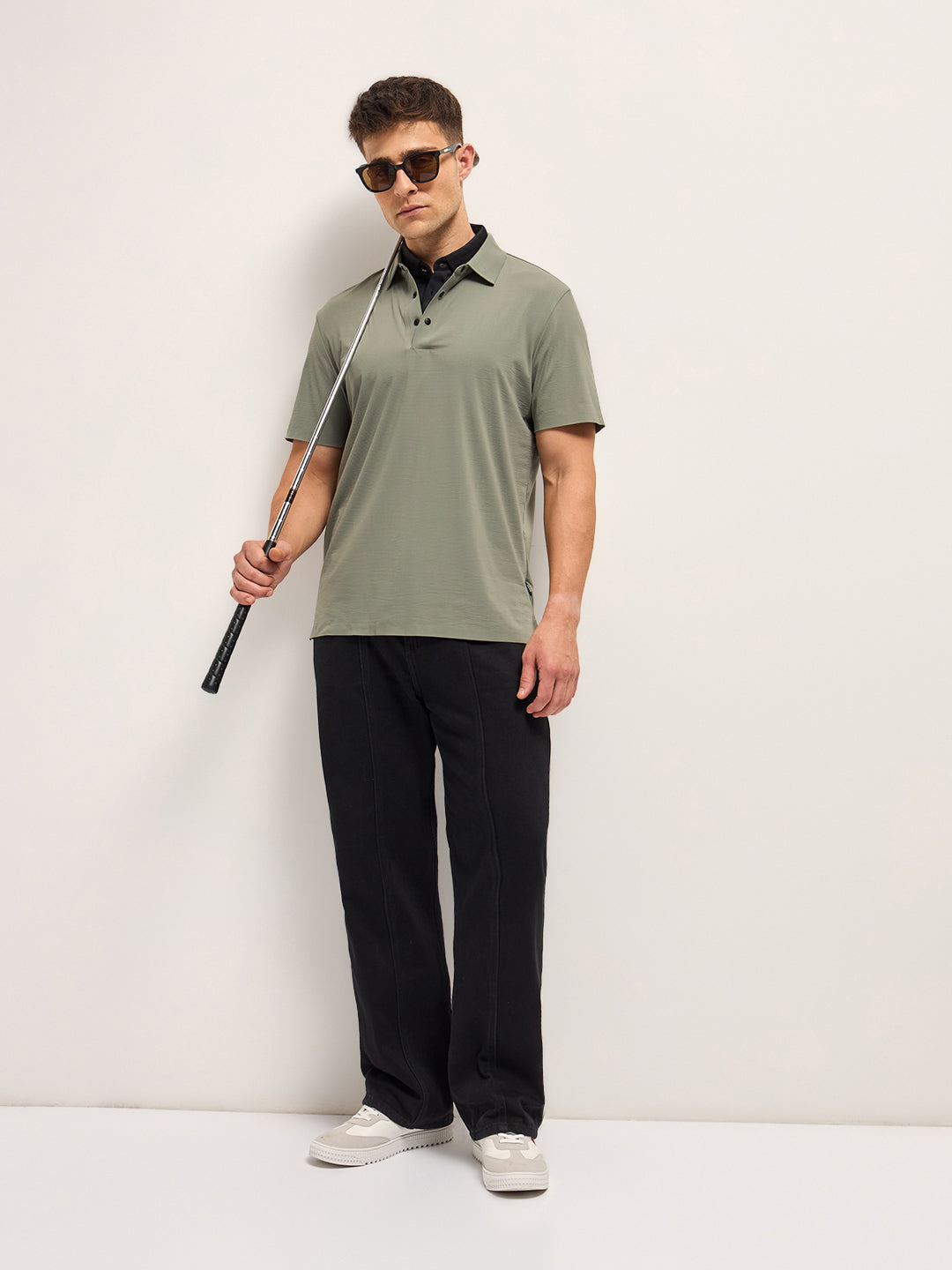 Men Military Green Texture Slim Fit Polo T-shirt