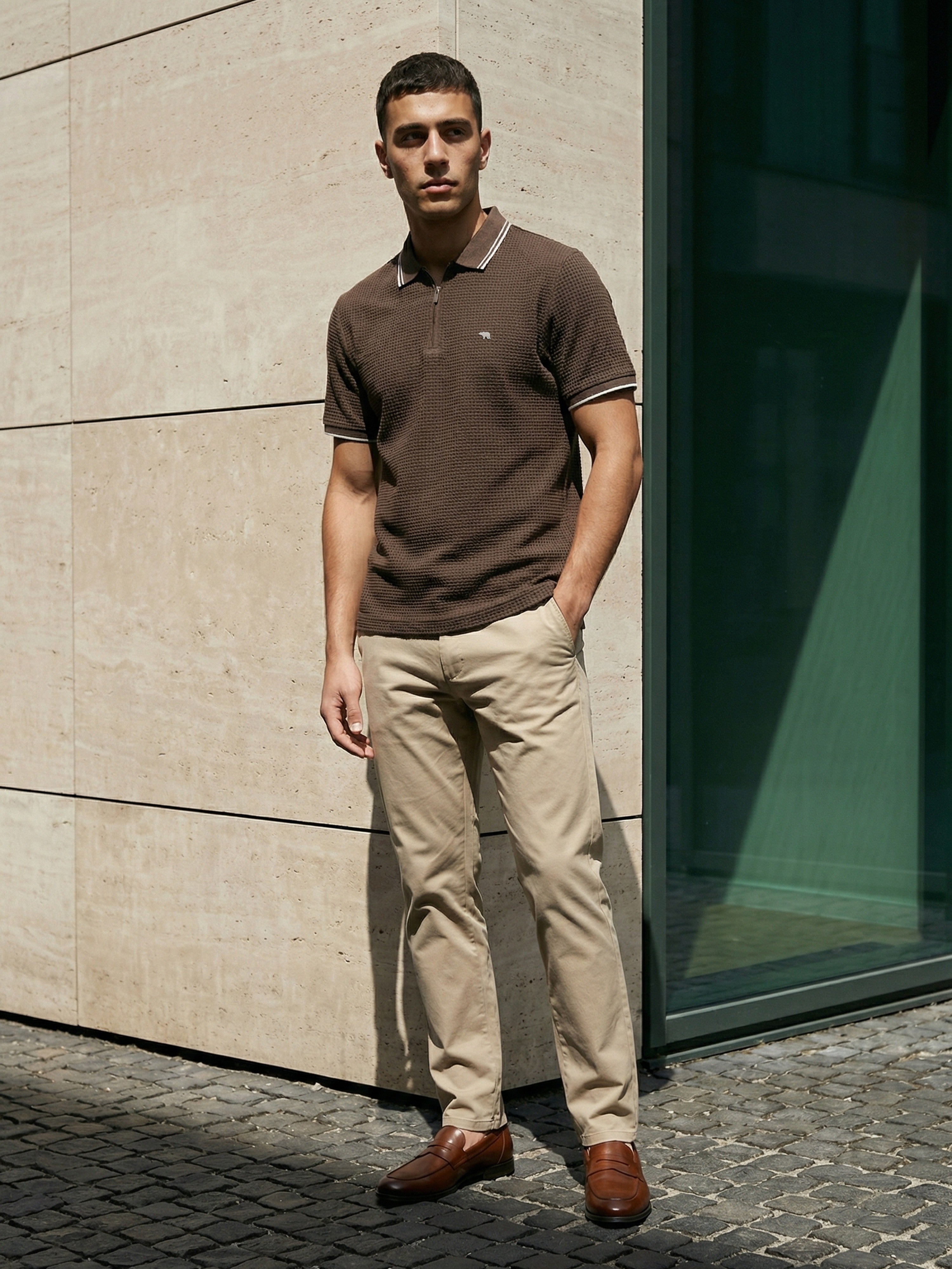 Men Olive Textured Cotton Polo T-Shirt