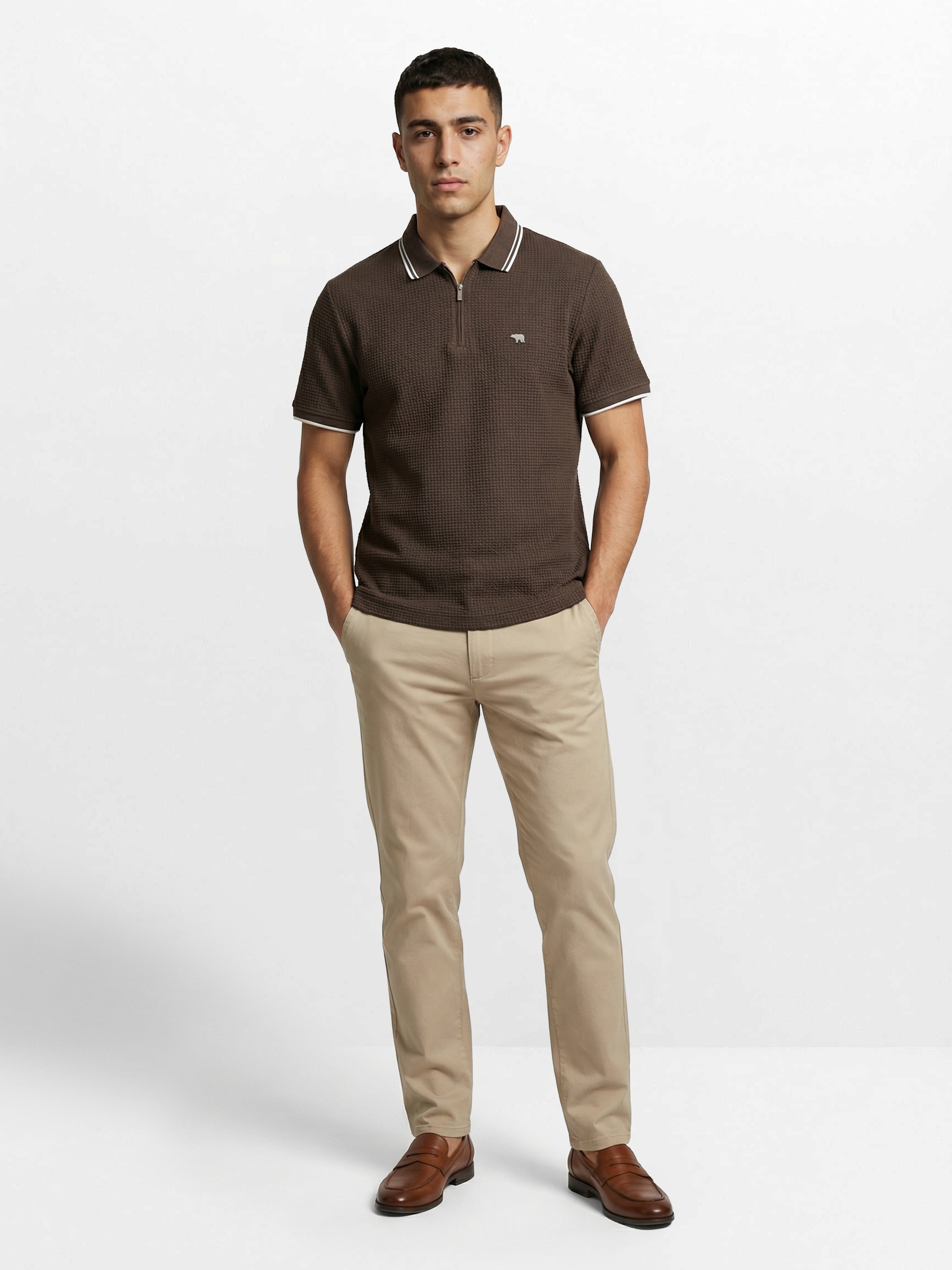Men Olive Textured Cotton Polo T-Shirt