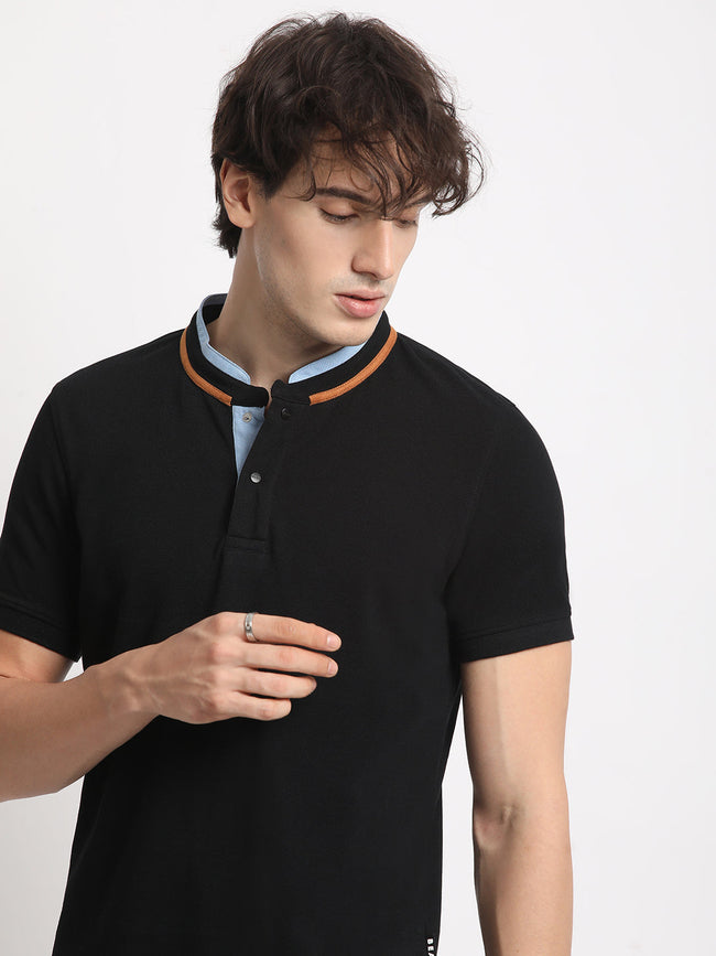 Men Black Solid Slim Fit Mandarin Collar T-shirt