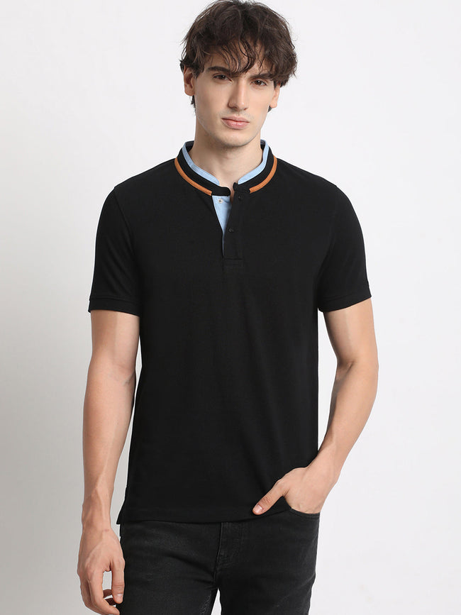 Men Black Solid Slim Fit Mandarin Collar T-shirt
