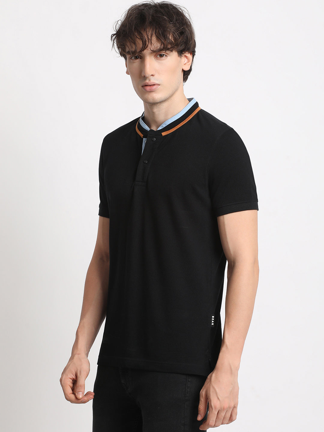 Men Black Solid Slim Fit Mandarin Collar T-shirt