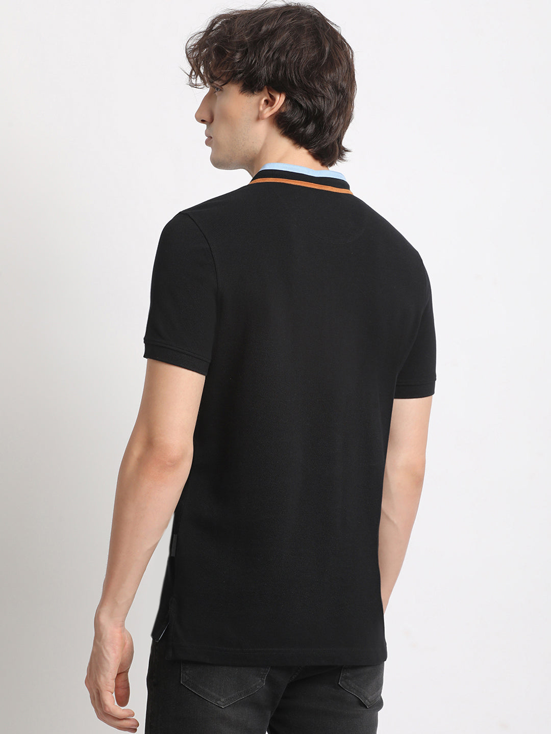 Men Black Solid Slim Fit Mandarin Collar T-shirt