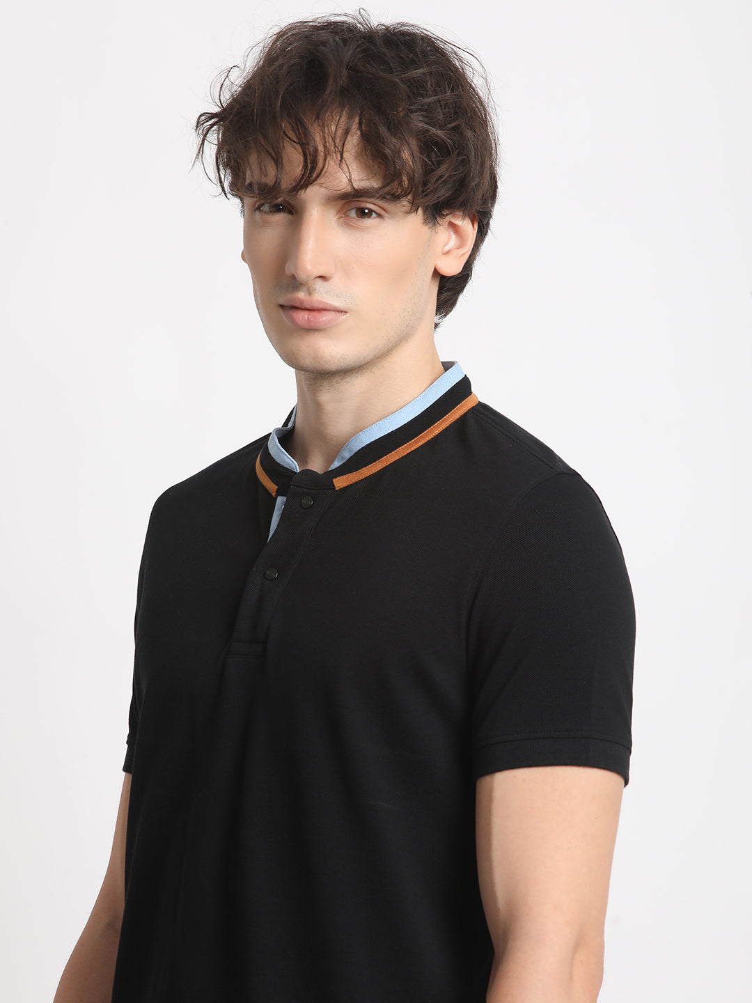 Men Black Solid Slim Fit Mandarin Collar T-shirt