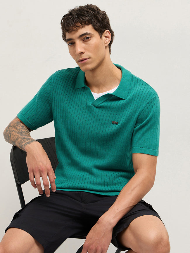 Men Teal Self Design Cotton T-Shirt