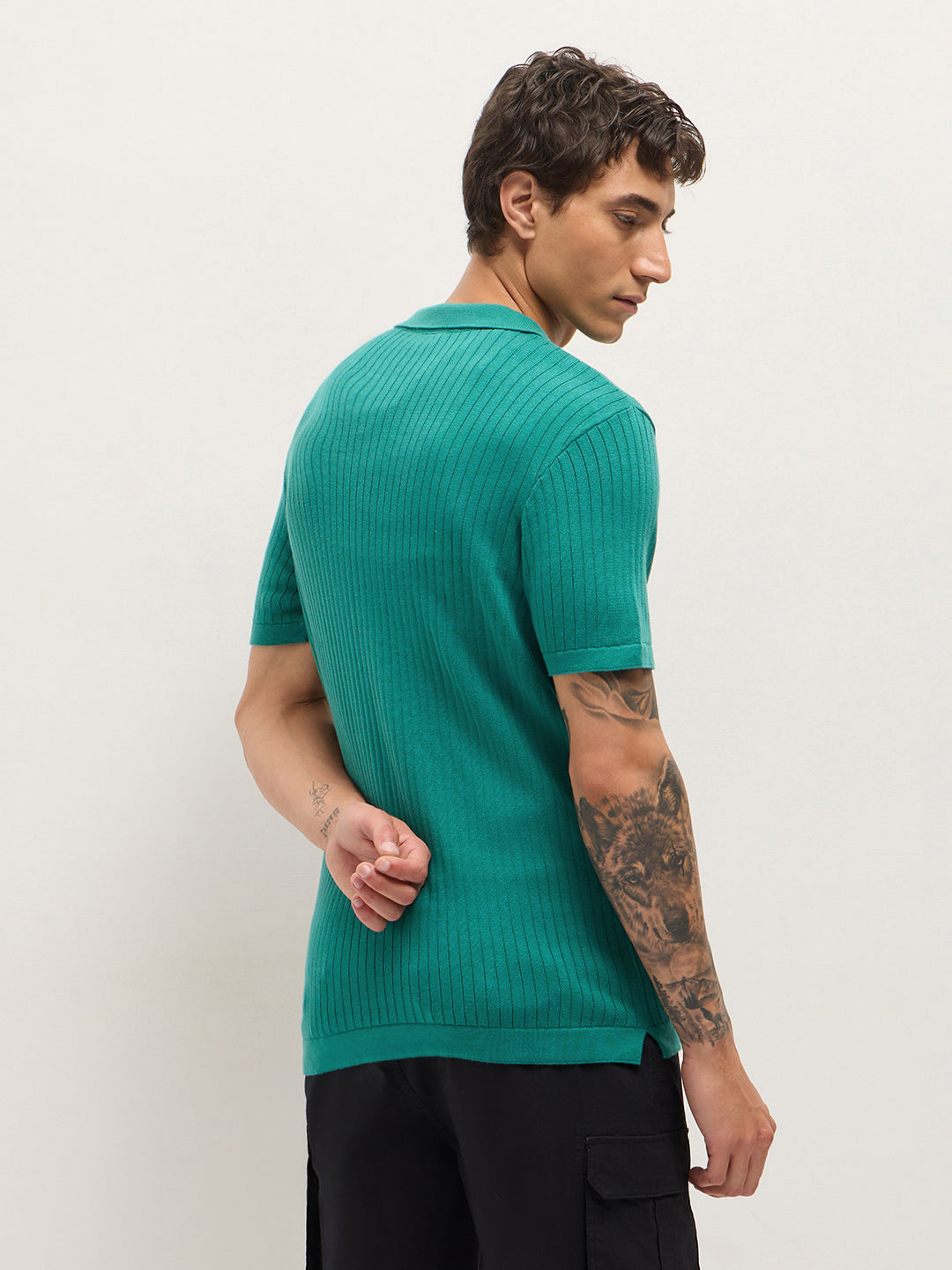 Men Teal Self Design Cotton T-Shirt