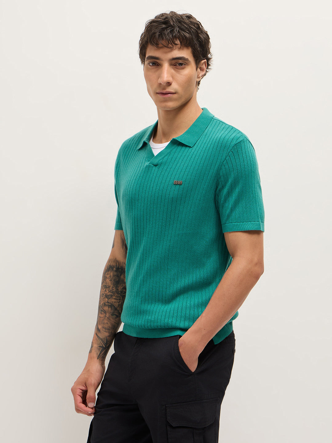 Men Teal Self Design Cotton T-Shirt