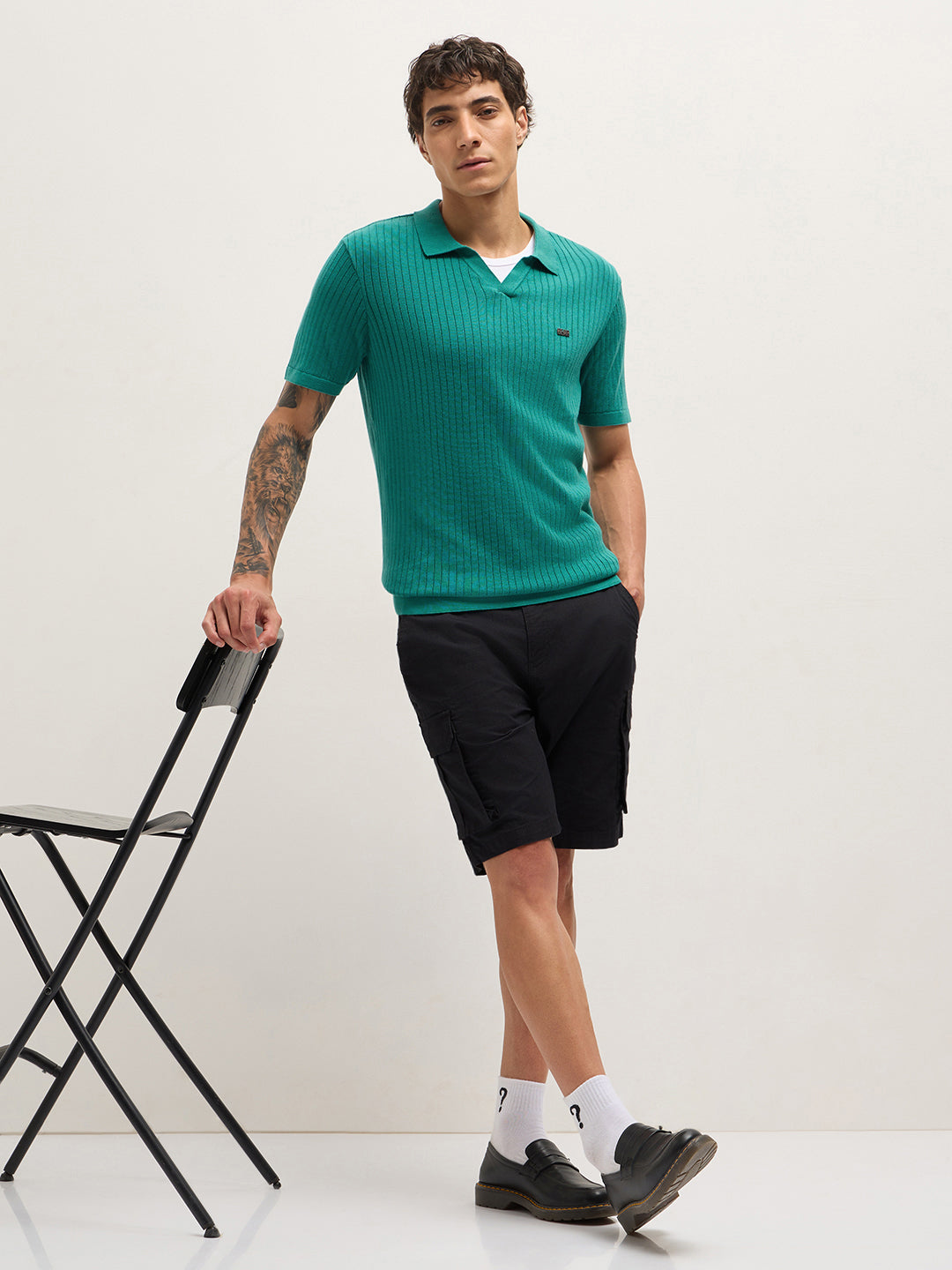Men Teal Self Design Cotton T-Shirt