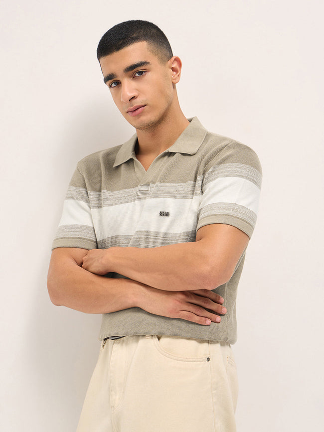 Men Beige Slim Fit Flat Knit Polo