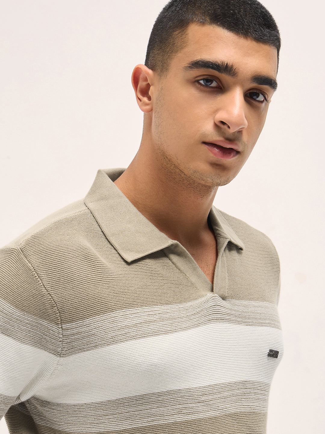 Men Beige Slim Fit Flat Knit Polo