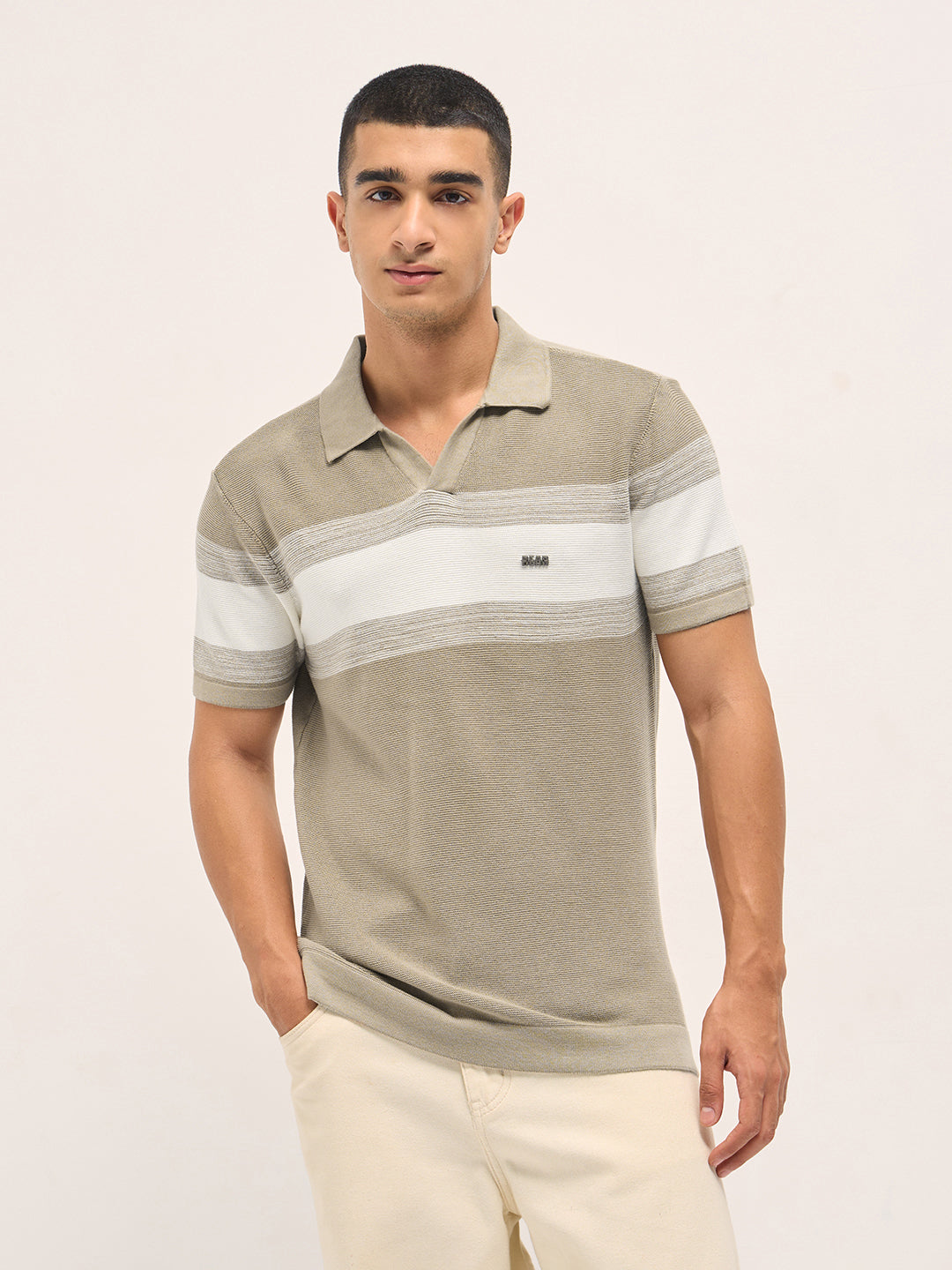 Men Beige Slim Fit Flat Knit Polo