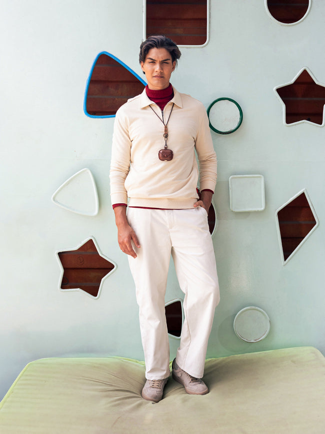 Men Beige Solid Cotton Polo