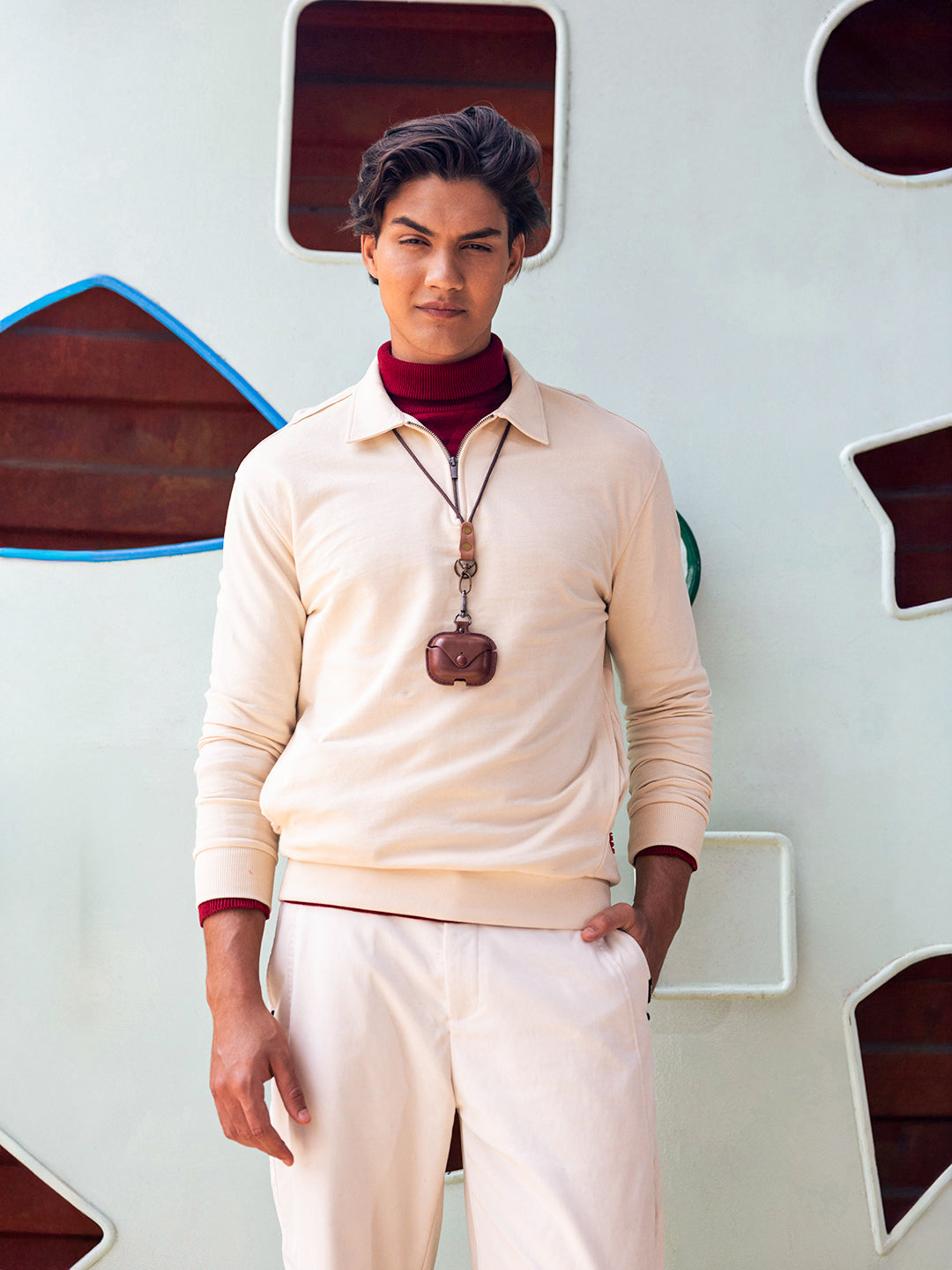 Men Beige Solid Cotton Polo