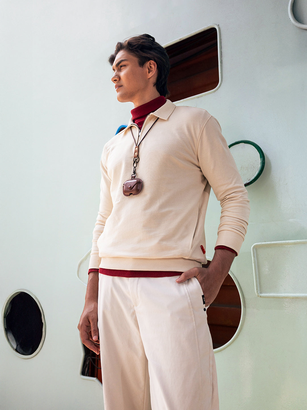 Men Beige Solid Cotton Polo