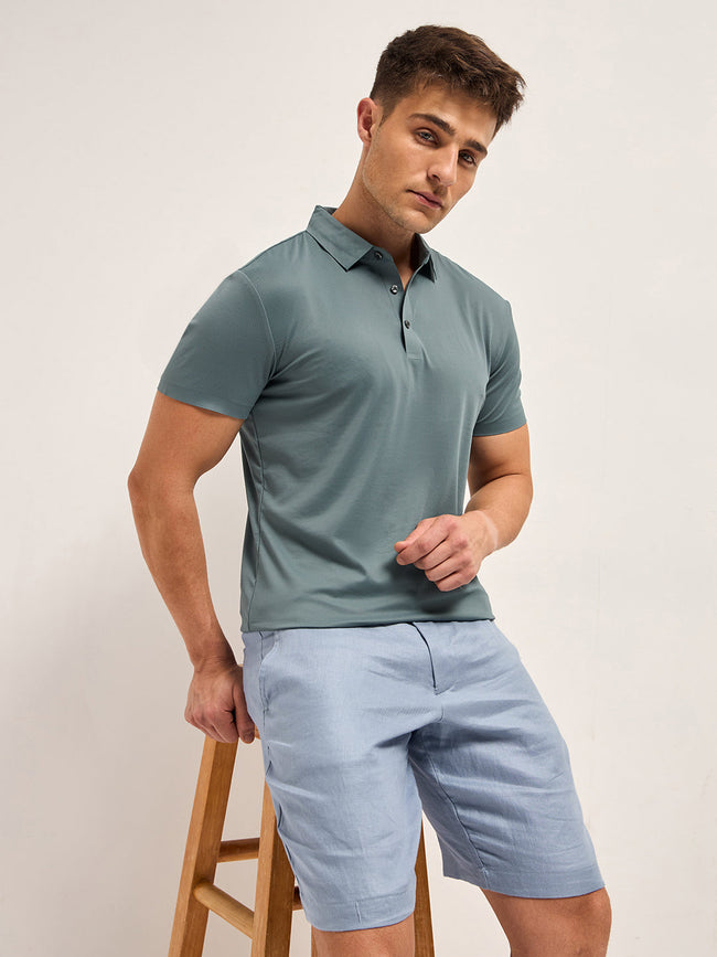 Men Teal Blue Solid Regular Fit Polo T-shirt