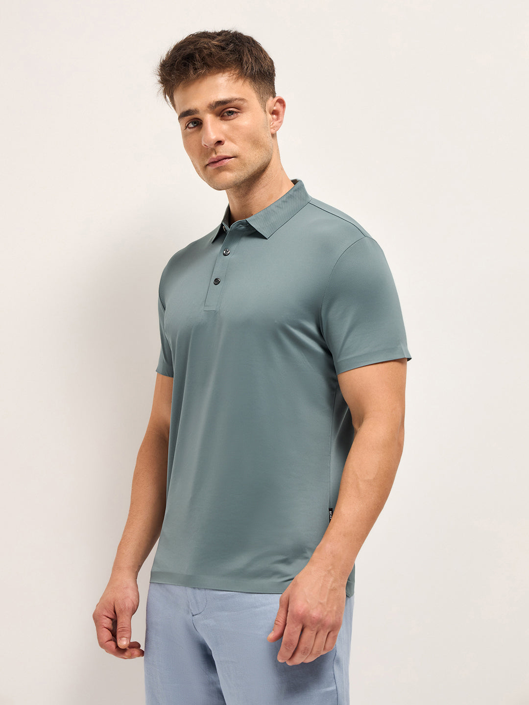 Men Teal Blue Solid Regular Fit Polo T-shirt