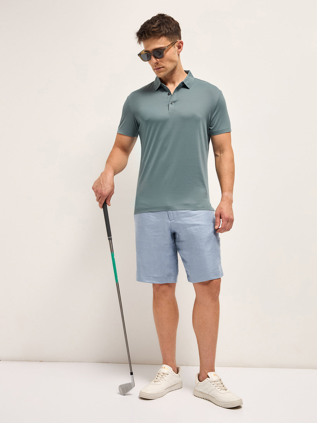 Men Teal Blue Solid Regular Fit Polo T-shirt