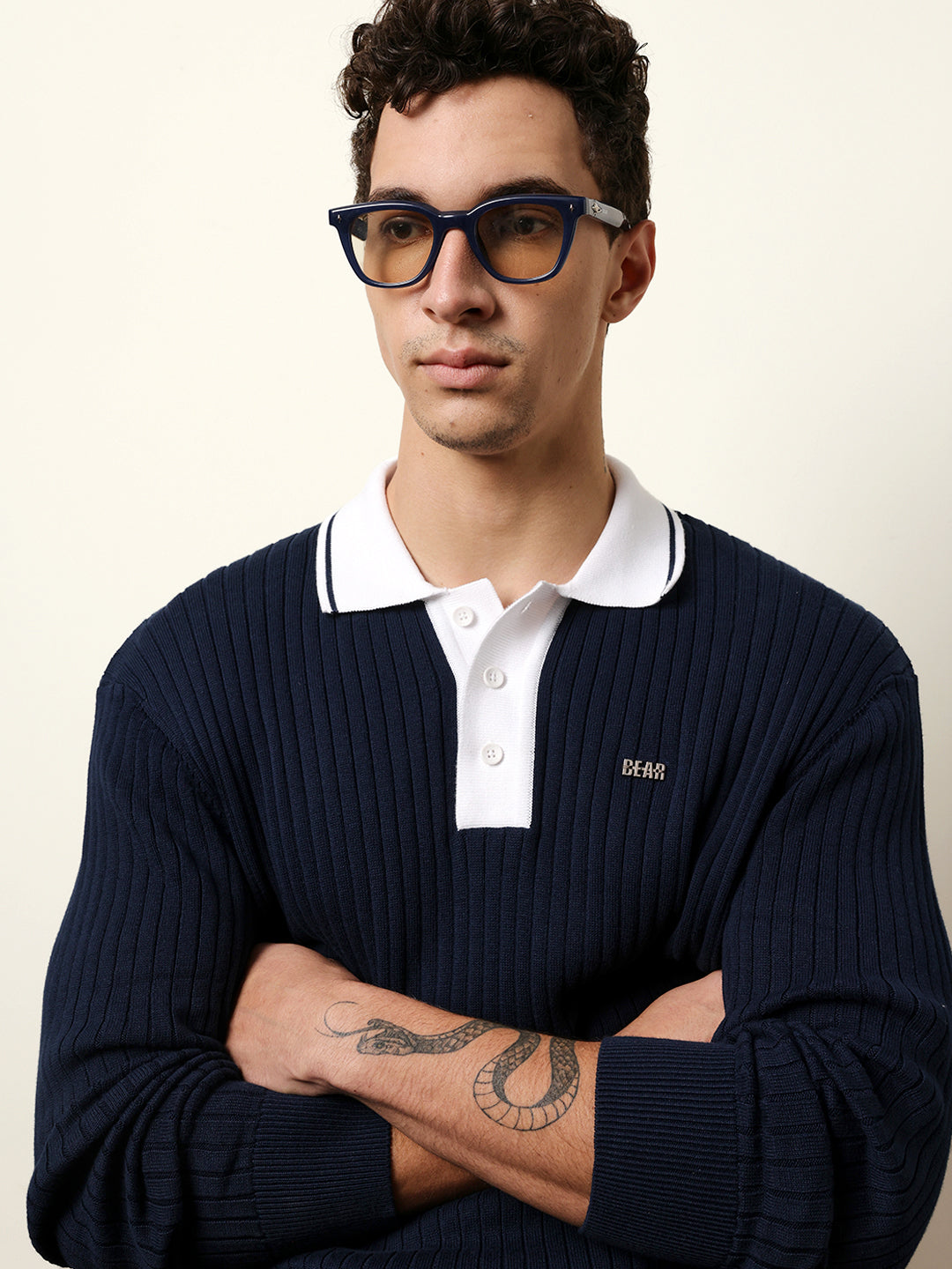 Men Blue Full Sleeve Polo T-Shirt