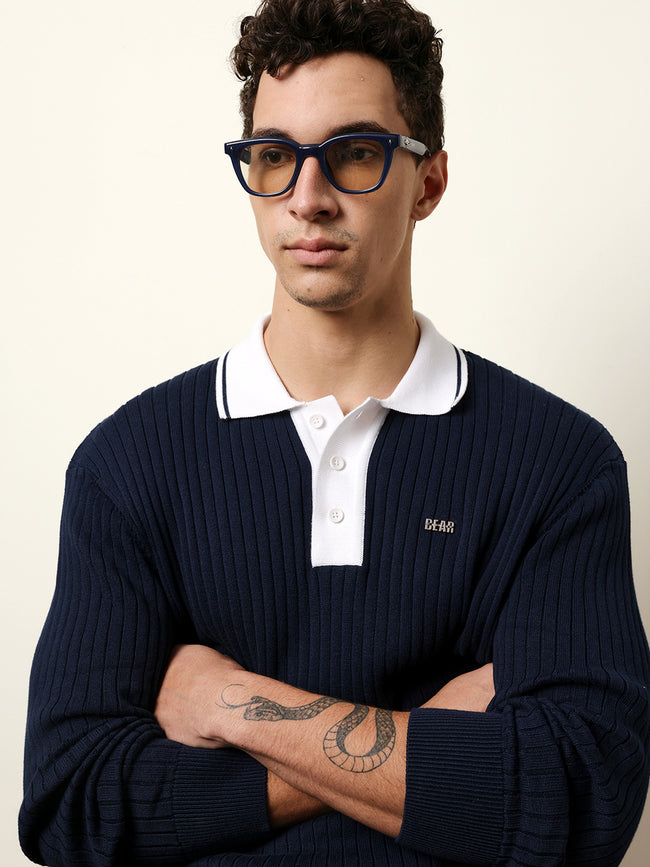 Men Blue Full Sleeve Polo T-Shirt