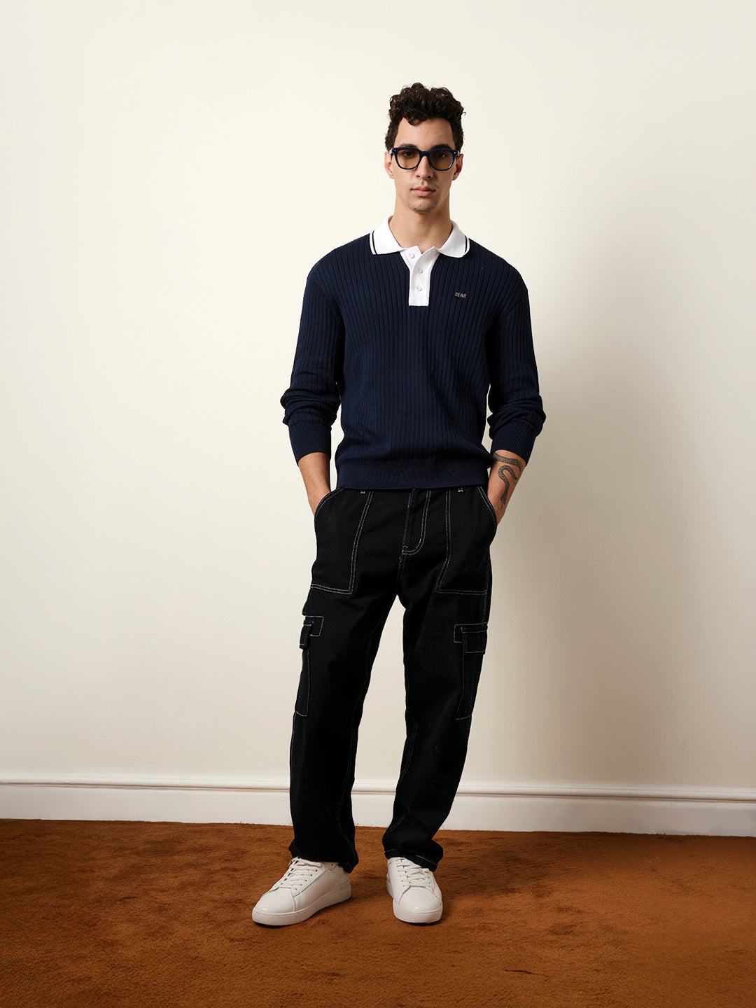 Men Blue Full Sleeve Polo T-Shirt