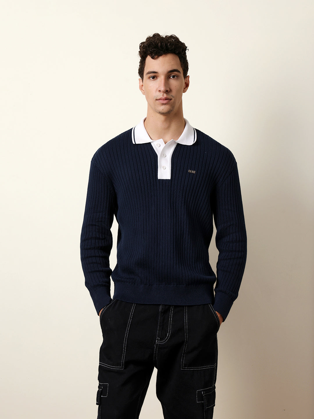 Men Blue Full Sleeve Polo T-Shirt